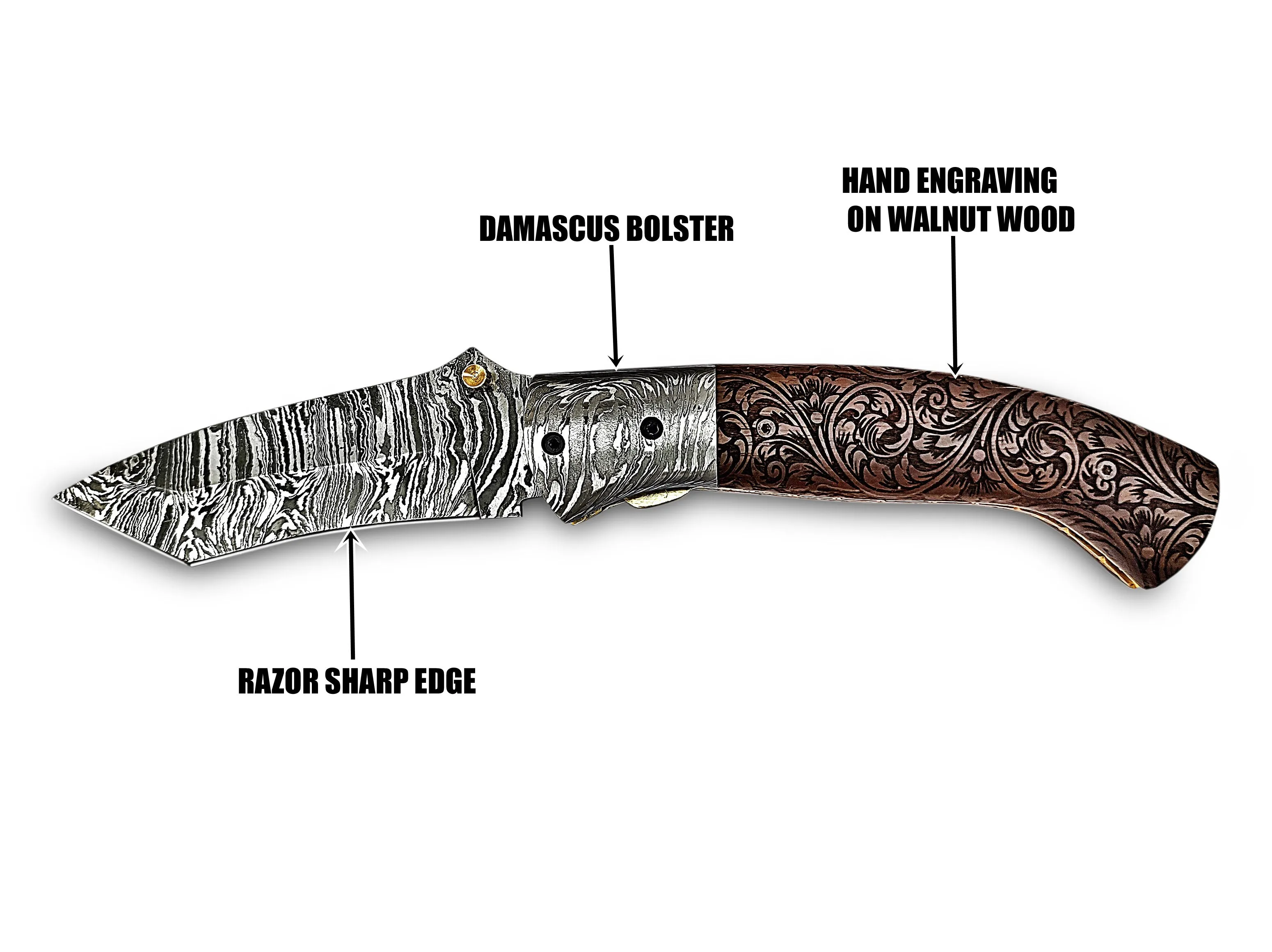 Hand Engraving on Walnut Wood Tanto Folding Pocket Knife and Damascus Bolster 8.50 inches Custom Handcrafted Damascus Steel with Leather Sheath Perfect Gift for All Times CLKFOL1118