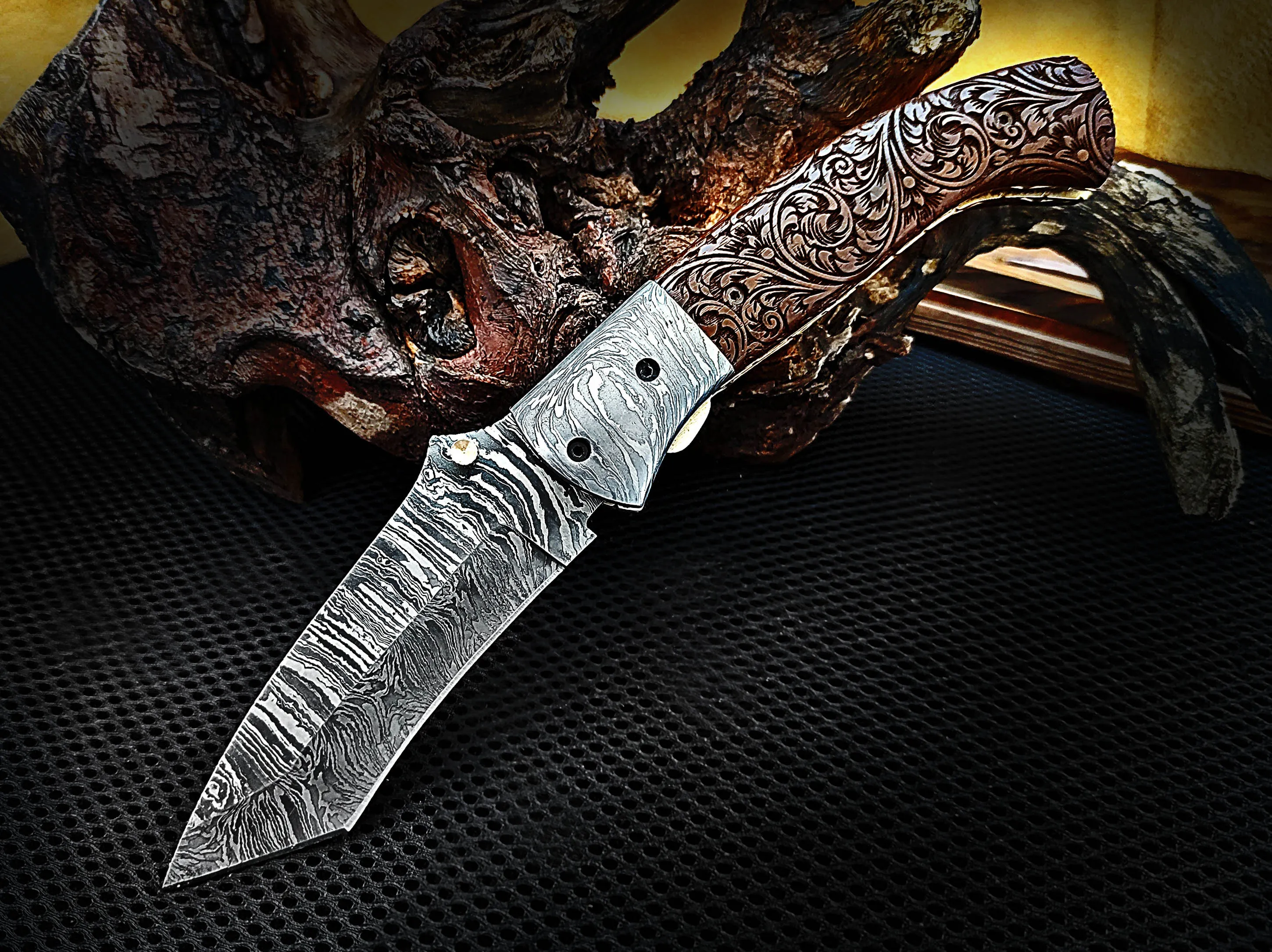 Hand Engraving on Walnut Wood Tanto Folding Pocket Knife and Damascus Bolster 8.50 inches Custom Handcrafted Damascus Steel with Leather Sheath Perfect Gift for All Times CLKFOL1118