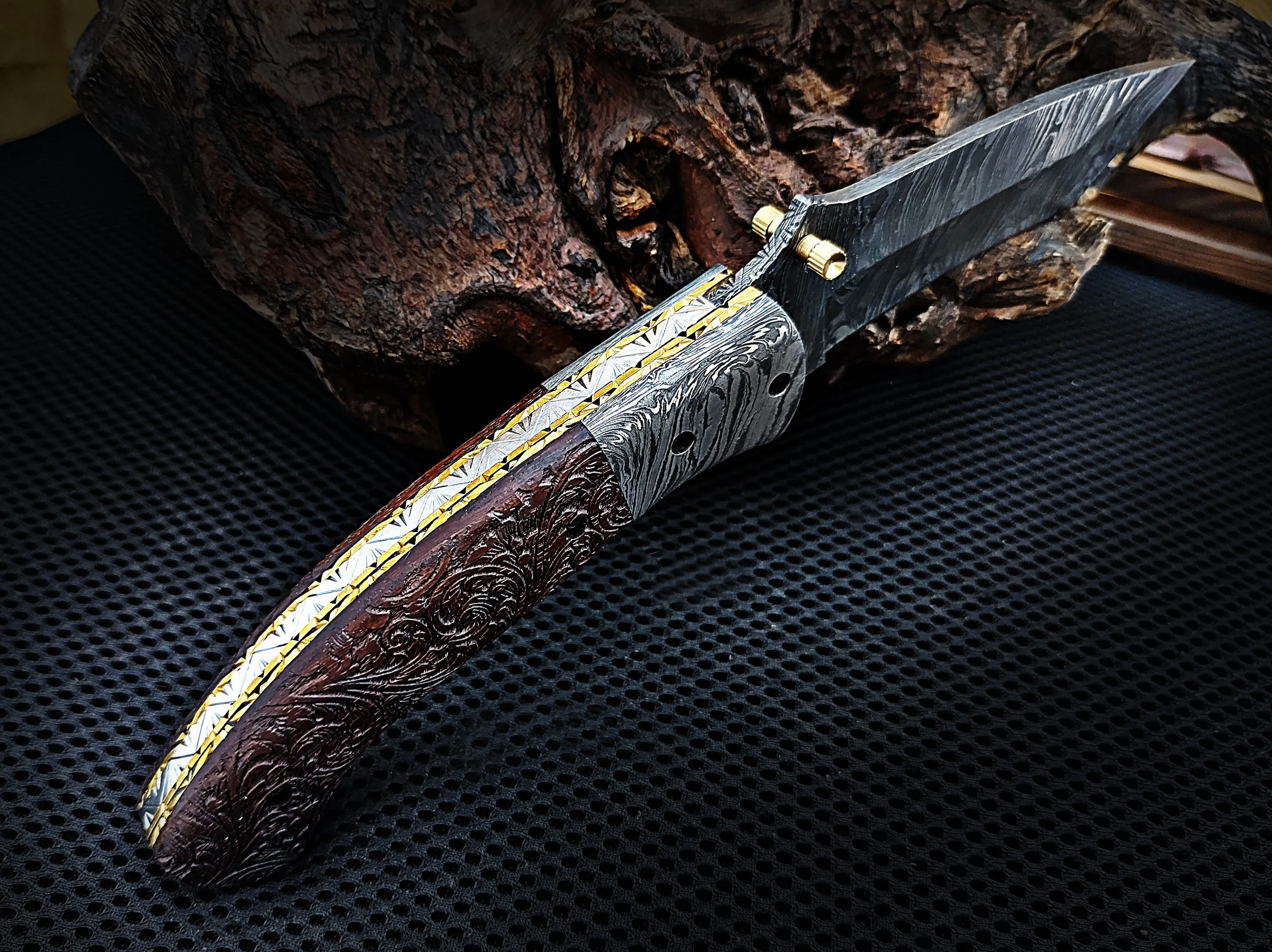 Hand Engraving on Walnut Wood Tanto Folding Pocket Knife and Damascus Bolster 8.50 inches Custom Handcrafted Damascus Steel with Leather Sheath Perfect Gift for All Times CLKFOL1118
