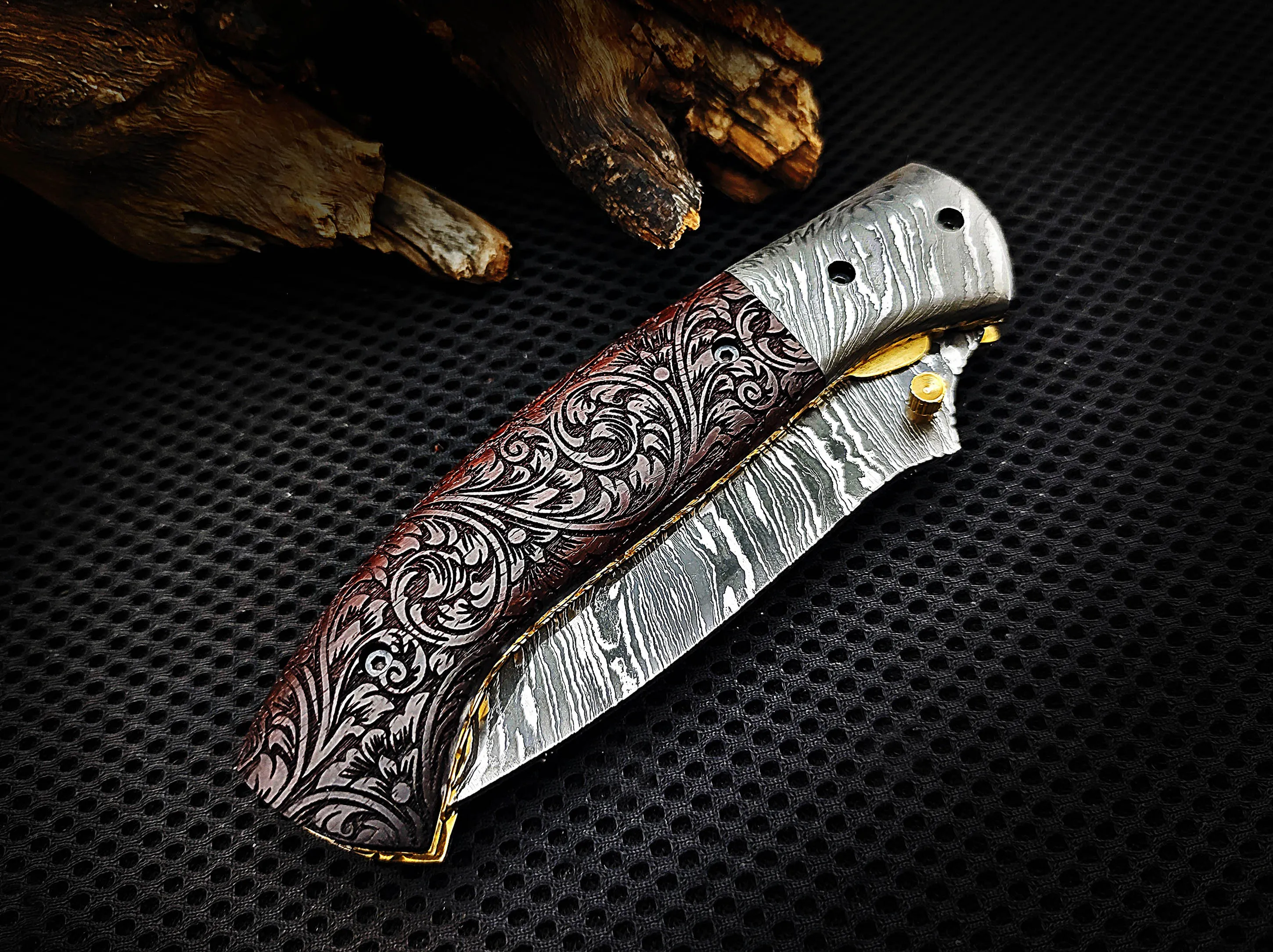 Hand Engraving on Walnut Wood Tanto Folding Pocket Knife and Damascus Bolster 8.50 inches Custom Handcrafted Damascus Steel with Leather Sheath Perfect Gift for All Times CLKFOL1118