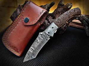 Hand Engraving on Walnut Wood Tanto Folding Pocket Knife and Damascus Bolster 8.50 inches Custom Handcrafted Damascus Steel with Leather Sheath Perfect Gift for All Times CLKFOL1118