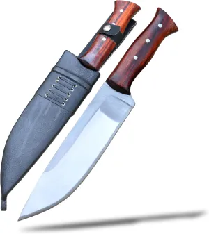 Hand-Forged 10-inch Survival Knife with 5160 Steel Blade, Full Tang Rosewood Handle, Multi-Function Chopping, Carving, and Pounding Tool, Includes Leather Scabbard