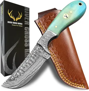 Handmade Damascus Steel Bull Cutter Knife – Full Tang Fixed Blade Cowboy Knives with Leather Sheath – Outdoor Survival, Skinning, Hunting Knife – Razor Sharp – Gift for Men (Bone)