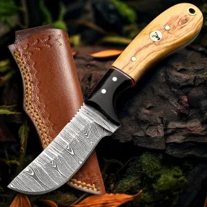 Handmade Damascus Steel Bull Cutter Knife – Full Tang Fixed Blade Cowboy Knives with Leather Sheath – Outdoor Survival, Skinning, Hunting Knife – Razor Sharp – Gift for Men