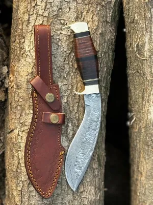 Handmade Damascus Steel Kukri Knife Fixed Blade Knives with Leather Sheath, Full Tang Heavy Duty Kukries for Hunting, Hiking Camping Gift for Man.