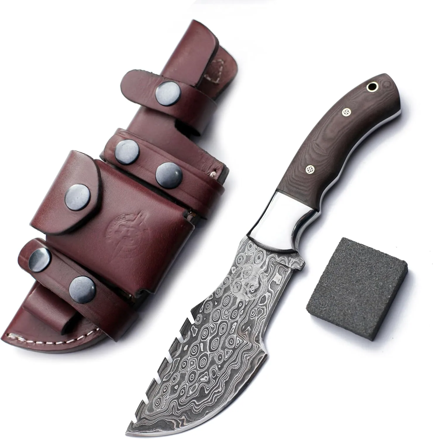 Handmade Damascus Steel Tracker Bowie Knife for Edc,Hunting,Bushcraft,Survival,Camping and Fishing with Saw Back Blade and Sharping Stone-Full Tang-Micarta Handle with Cowhide-Leather Sheath -DCX17-62