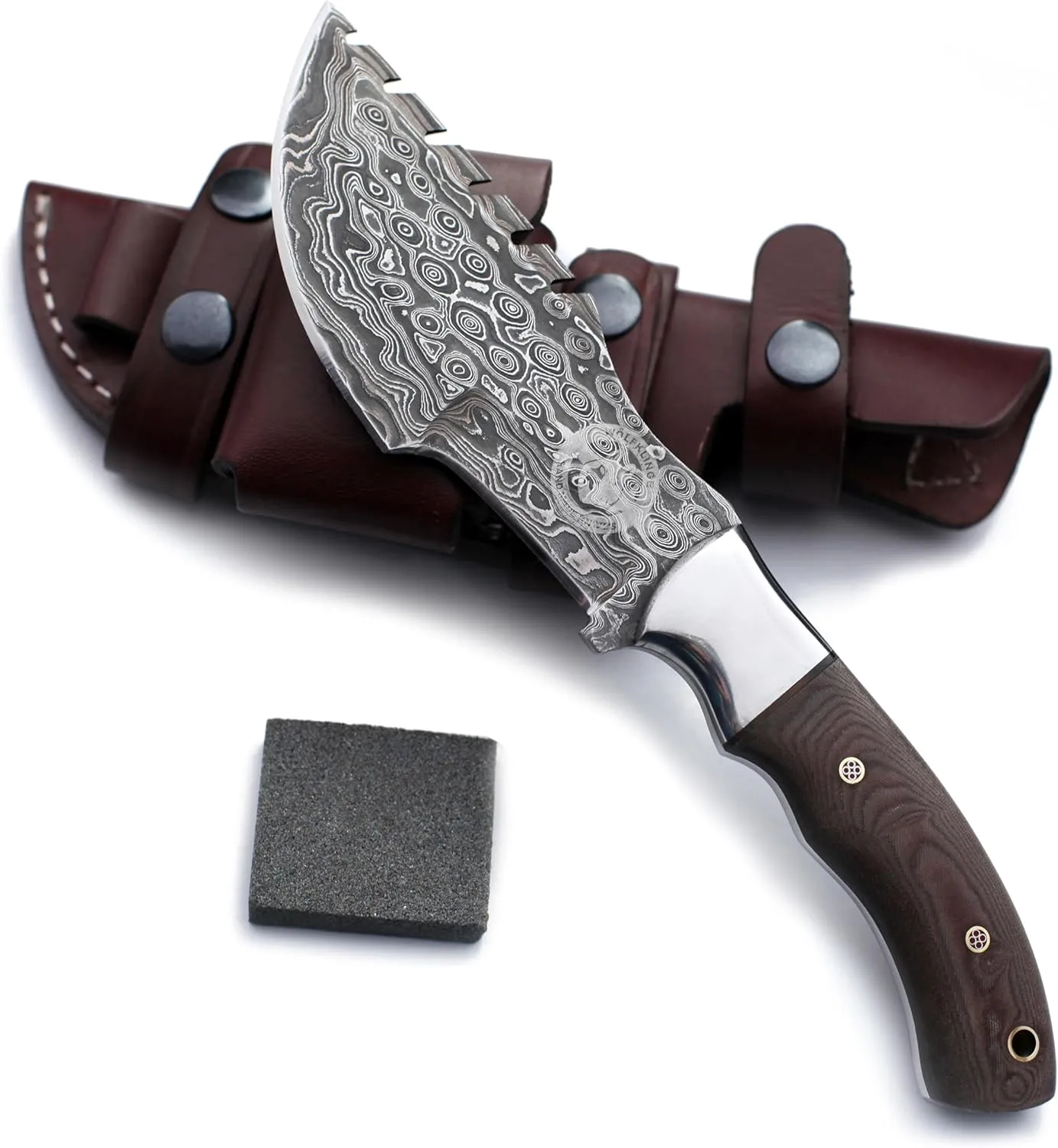 Handmade Damascus Steel Tracker Bowie Knife for Edc,Hunting,Bushcraft,Survival,Camping and Fishing with Saw Back Blade and Sharping Stone-Full Tang-Micarta Handle with Cowhide-Leather Sheath -DCX17-62