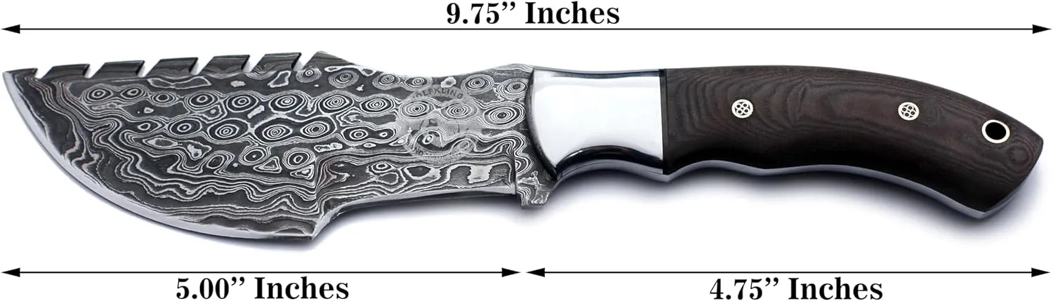 Handmade Damascus Steel Tracker Bowie Knife for Edc,Hunting,Bushcraft,Survival,Camping and Fishing with Saw Back Blade and Sharping Stone-Full Tang-Micarta Handle with Cowhide-Leather Sheath -DCX17-62