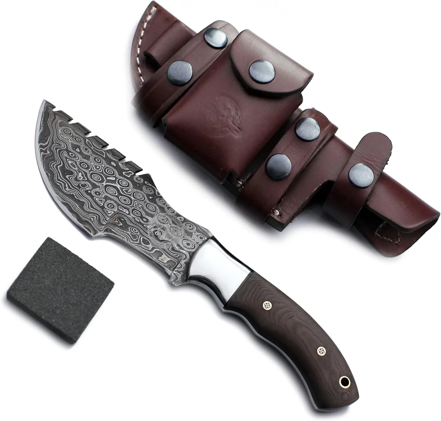 Handmade Damascus Steel Tracker Bowie Knife for Edc,Hunting,Bushcraft,Survival,Camping and Fishing with Saw Back Blade and Sharping Stone-Full Tang-Micarta Handle with Cowhide-Leather Sheath -DCX17-62