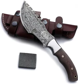 Handmade Damascus Steel Tracker Bowie Knife for Edc,Hunting,Bushcraft,Survival,Camping and Fishing with Saw Back Blade and Sharping Stone-Full Tang-Micarta Handle with Cowhide-Leather Sheath -DCX17-62