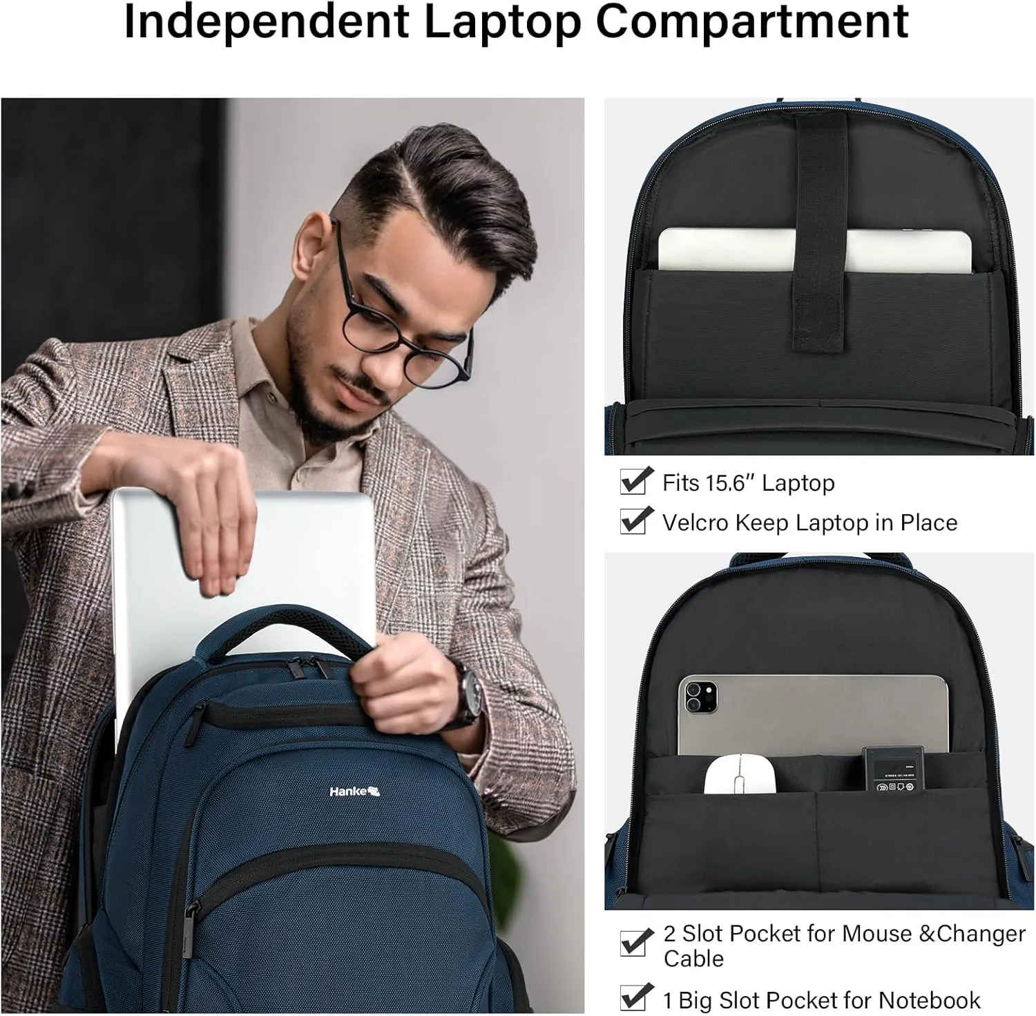 Hanke Travel Laptop Backpack for Men Lightweight Large Backpack Work Backpack Woman Fits 15.6'' Computer Carry On Bags for Airplanes(Navy Blue)