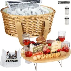 Hap Tim Wicker Picnic Basket Set for 4 with Mini Folding Wine Picnic Table & Large Insulated Cooler Bag & Cutlery Service Kits for 4 Person, Couples Gifts, Wedding Gifts (Y2209-4-GR)