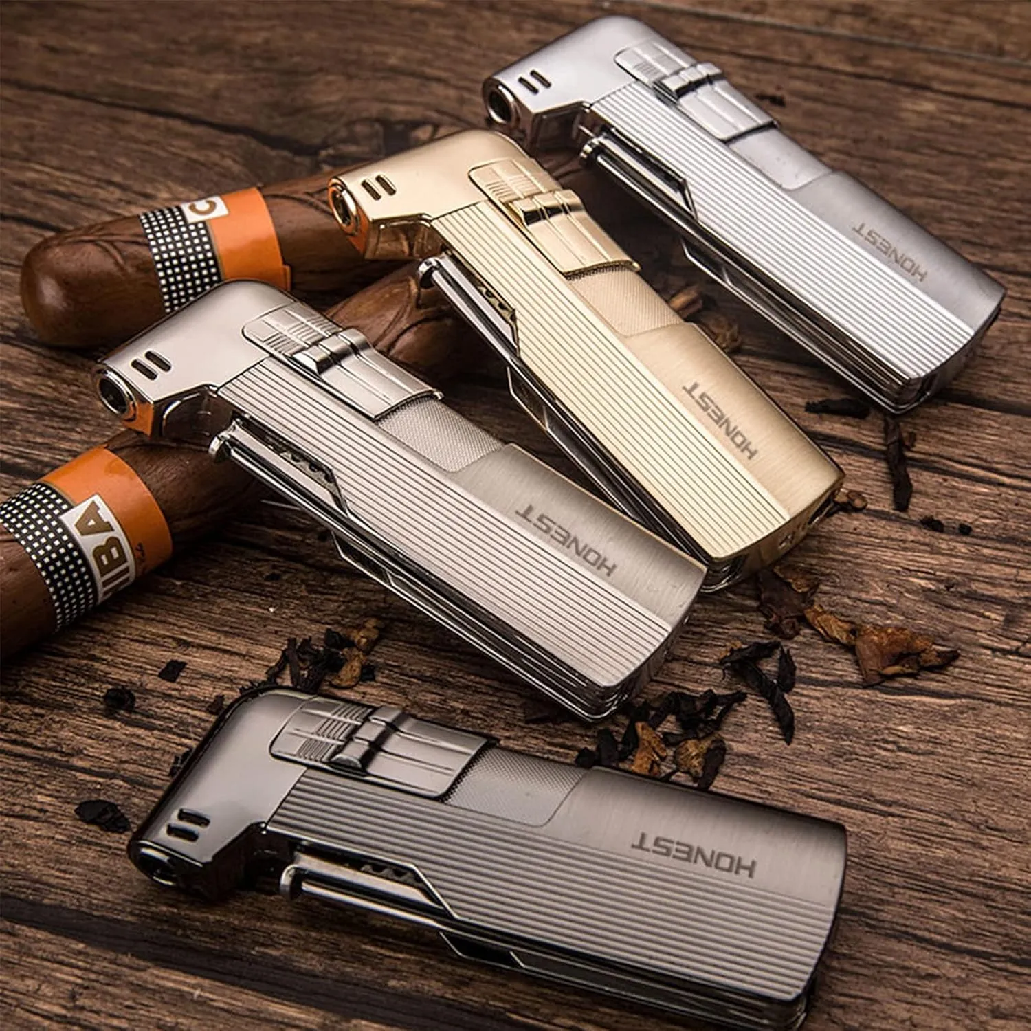 HB1 Multi-function Copper Cigarette Lighter Retro Open Flame Lighter Inflatable with Smoke Knife Pressure Rod Scraper Men's Smoking Tool,Gold