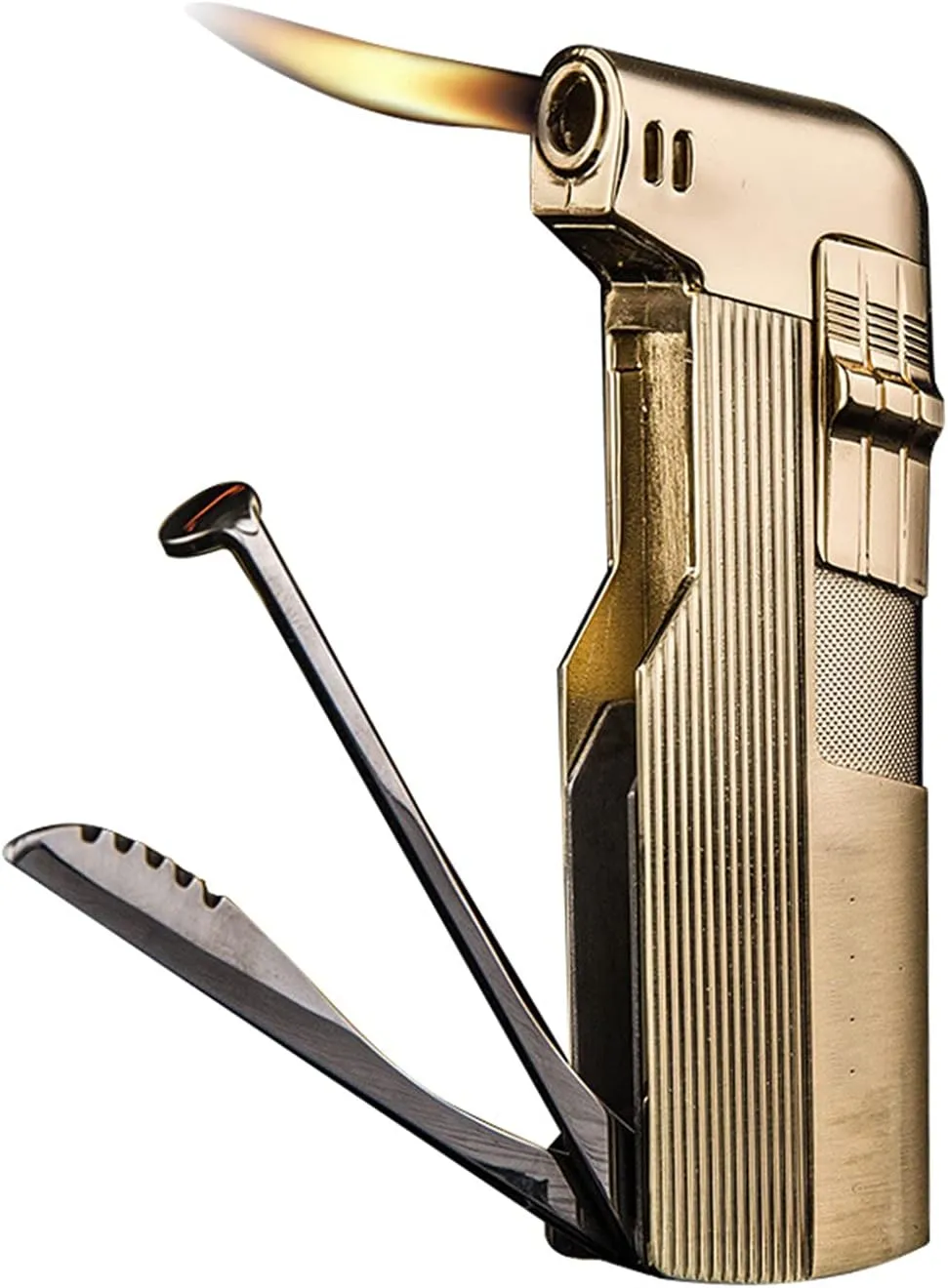HB1 Multi-function Copper Cigarette Lighter Retro Open Flame Lighter Inflatable with Smoke Knife Pressure Rod Scraper Men's Smoking Tool,Gold