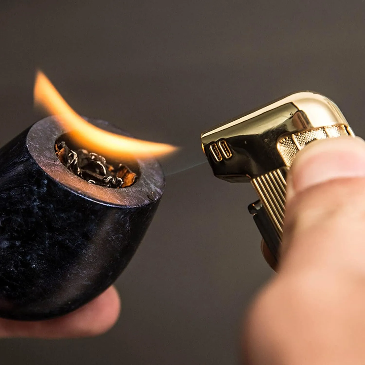 HB1 Multi-function Copper Cigarette Lighter Retro Open Flame Lighter Inflatable with Smoke Knife Pressure Rod Scraper Men's Smoking Tool,Gold