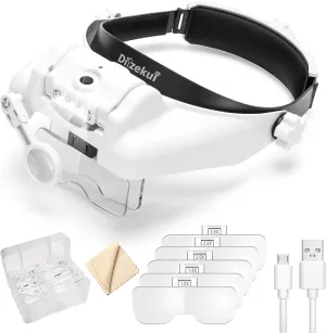 Headband Magnifying Glass with Light, Rechargeable Head Magnifying Glasses 1X to 14X, Magnifier Headset with 6 Detachable Lens, Hands Free Head Mount Magnifier for Close Work Reading Crafts