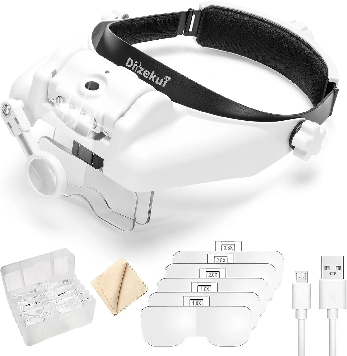 Headband Magnifying Glass with Light, Rechargeable Head Magnifying Glasses 1X to 14X, Magnifier Headset with 6 Detachable Lens, Hands Free Head Mount Magnifier for Close Work Reading Crafts