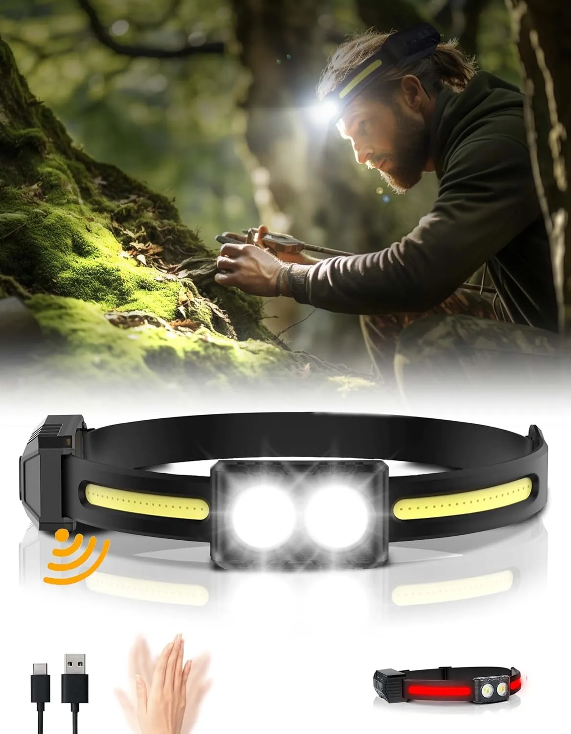 Headlamp Rechargeable, 270°Wide-Beam Head lamp LED with Motion Sensor for Adults，Waterproof Head Light Flashlight, 9 Lighting Modes, Comfortable Headlight for Hiking, Running, Repairing, Cycling