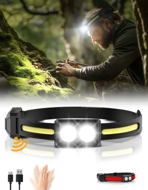 Headlamp Rechargeable, 270°Wide-Beam Head lamp LED with Motion Sensor for Adults，Waterproof Head Light Flashlight, 9 Lighting Modes, Comfortable Headlight for Hiking, Running, Repairing, Cycling