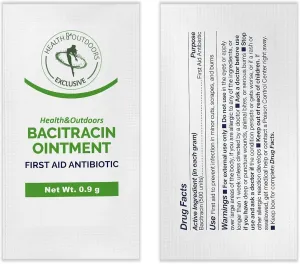 HEALTH & OUTDOORS Bacitracin Ointment, First Aid, 50 Count .9g Packets - for Cuts, Burns, Abrasions, Wounds and Scrapes