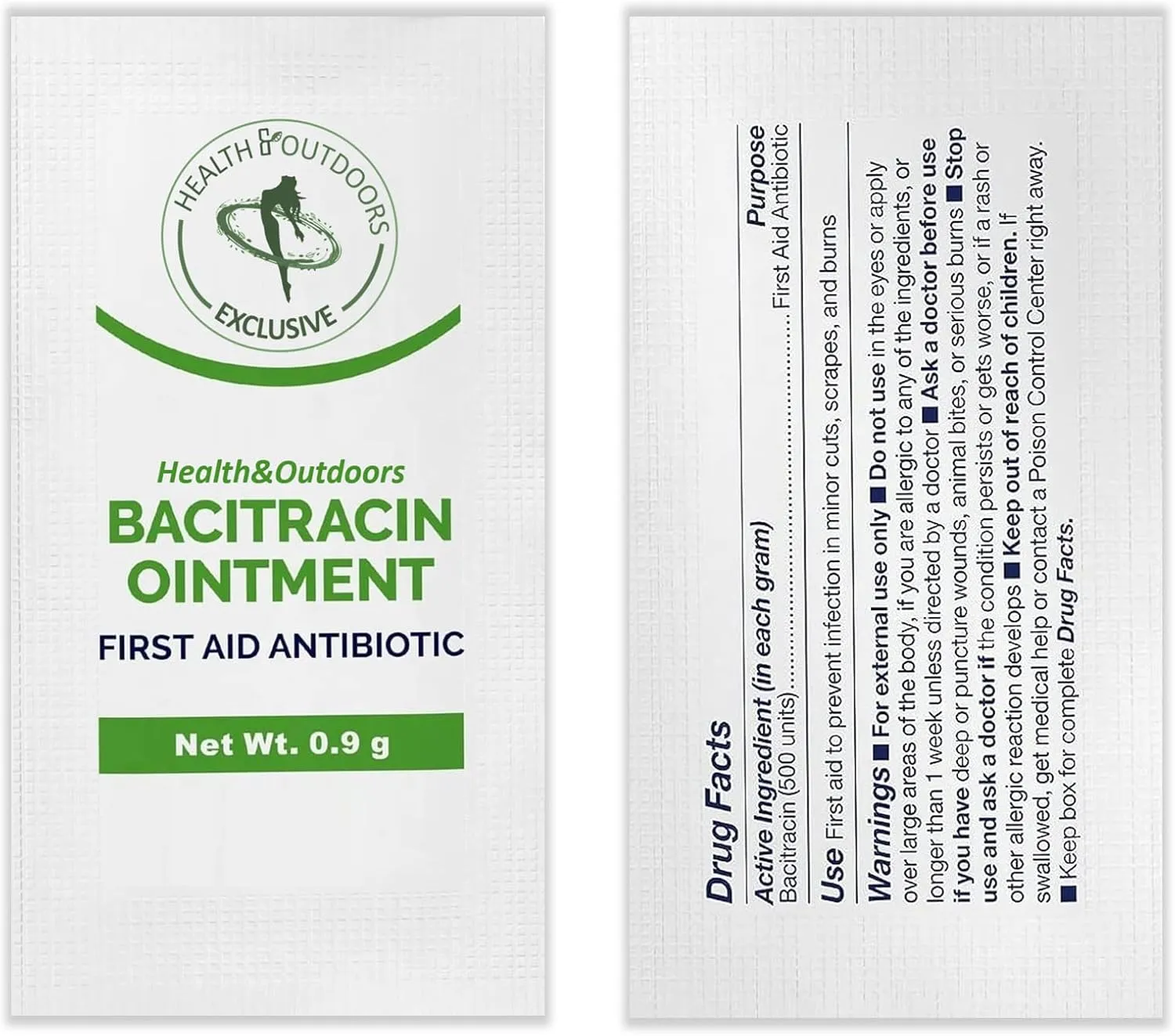 HEALTH & OUTDOORS Bacitracin Ointment, First Aid, 50 Count .9g Packets - for Cuts, Burns, Abrasions, Wounds and Scrapes