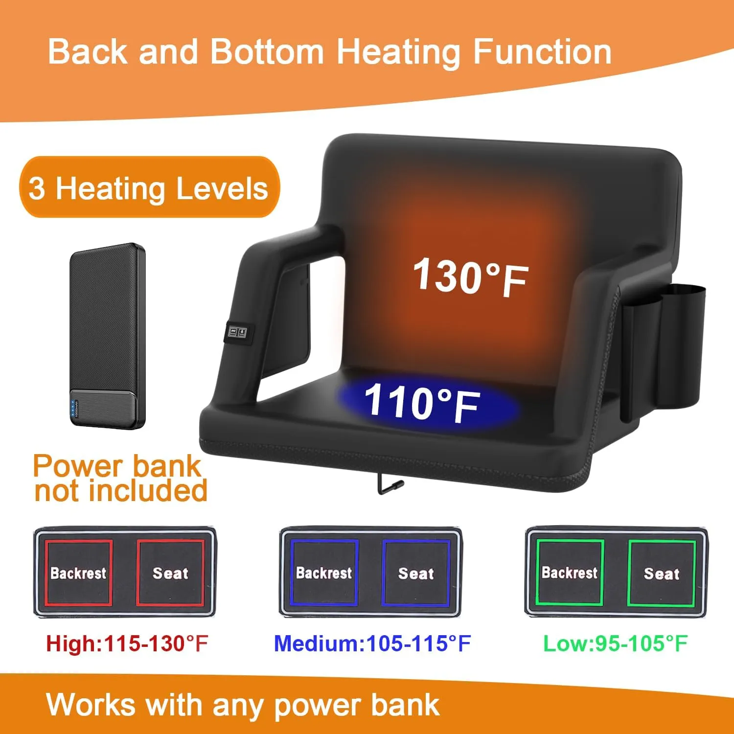 Heated Stadium Seats for Bleachers, Portable Reclining Stadium Chair with Back Support and Arm Support,3 Heating Level - Perfect for Outdoor Sports