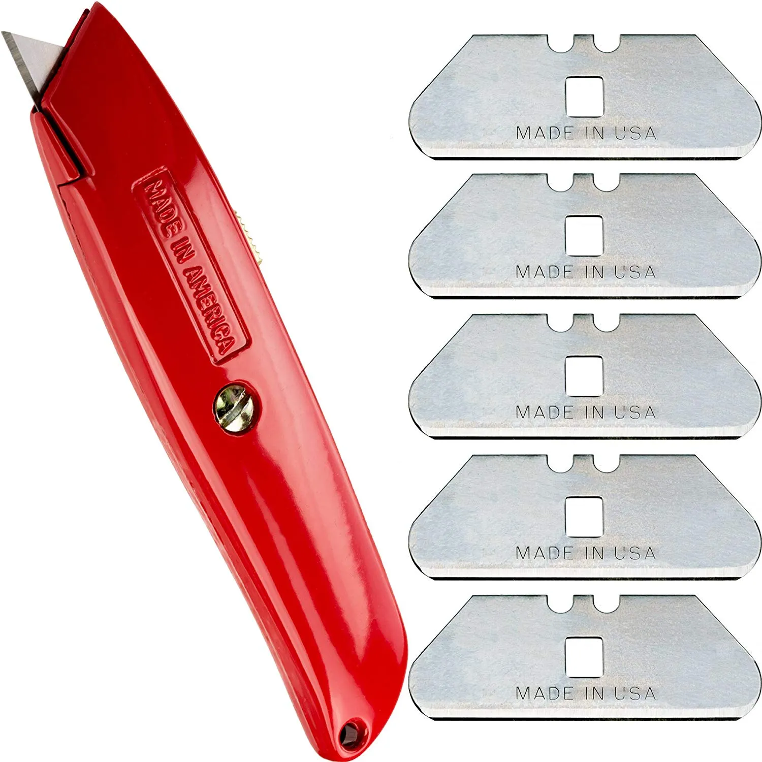 Heavy-Duty Retractable Utility Knife with Comfort Grip and 6 Spare Blades - Hook or Rounded Tip Style. Nearly Indestructible, USA-Made Quality Steel Handle Fits any 2 Notch Style Blades.