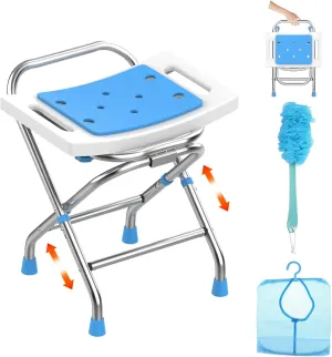 Height Adjustable Folding Shower Chair Seat, Stainless Steel Shower Chair for Inside Shower w/Crossbar, 400LB Portable Travel Shower Stool, Safety Anti-Slip Bath Chair for Seniors,White