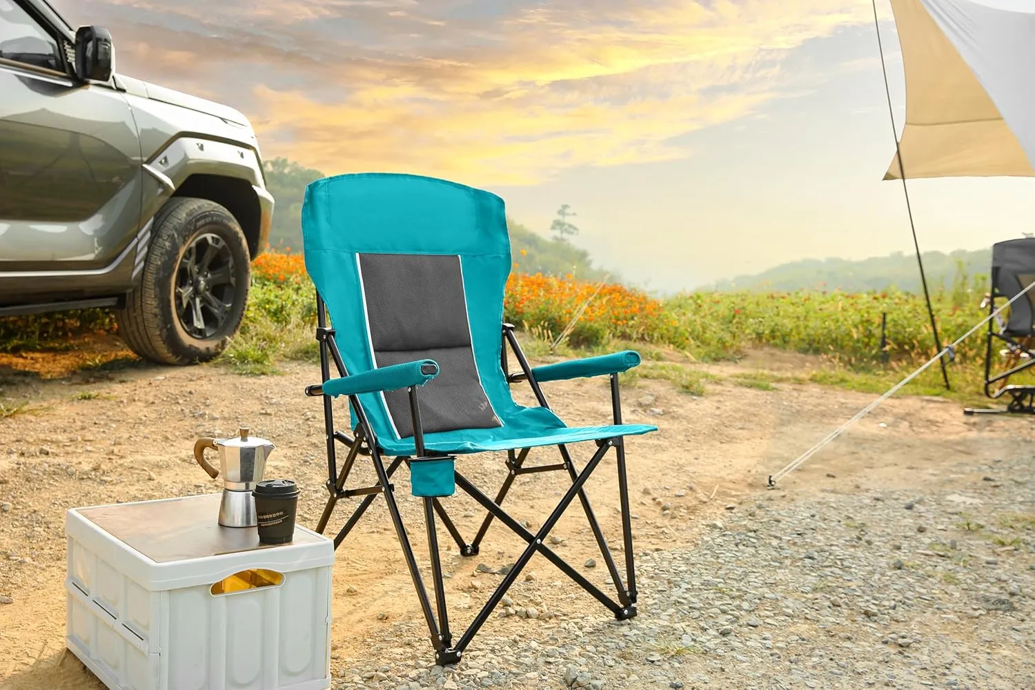High Back Heavy Duty Lawn Chair – Supports 250lbs, Portable & Collapsible with Cup Holder, Blue – Outdoor, Camping, Dining Room Use (1 Doors)