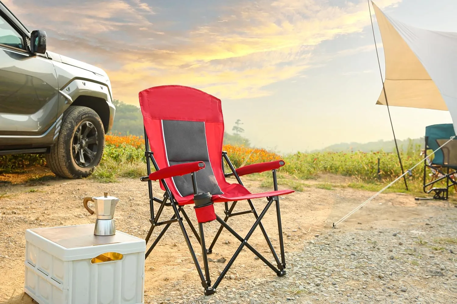 High Back Heavy Duty Lawn Chair-Supports 250lbs, Portable Collapsible with Cup Holder, Red-Ideal for Dining Room, Patio, Camping & Outdoor Use (1 Doors)