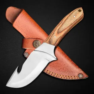High Carbon Steel 8" Gut Hook Skinning Knife - Hunting, Survival, Tactical with Leather Sheath & Wood Handle