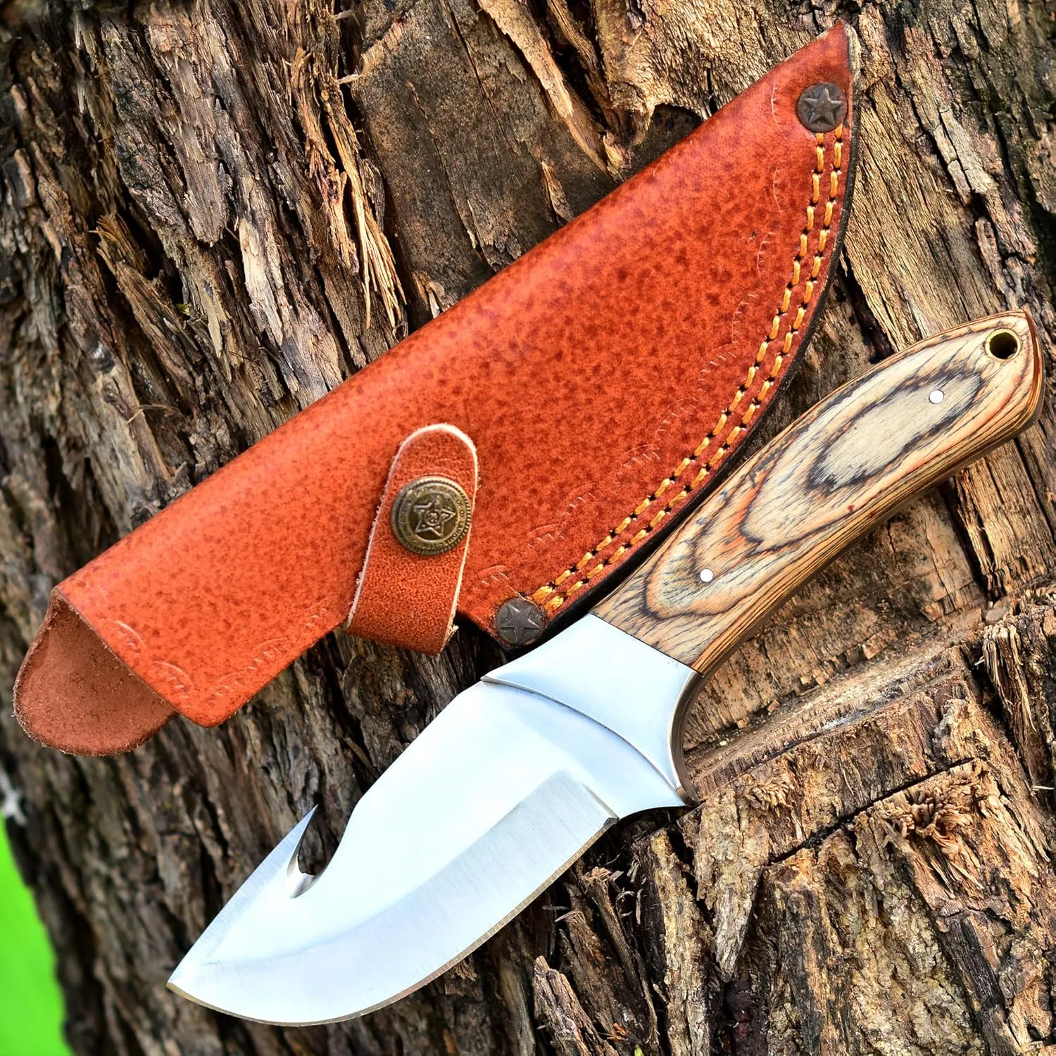 High Carbon Steel 8" Gut Hook Skinning Knife - Hunting, Survival, Tactical with Leather Sheath & Wood Handle