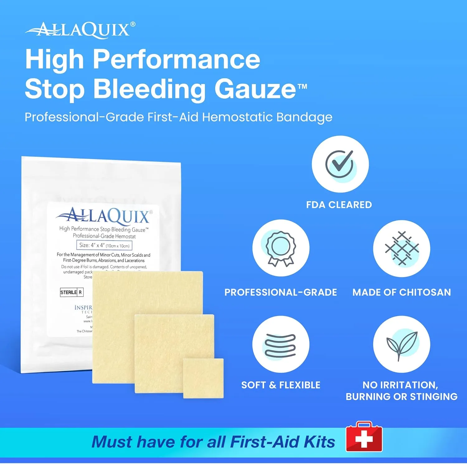 High Performance Stop Bleeding Gauze Pads – 10-Pack (2"x2") | Hemostatic Wound Dressing for Cuts & First Aid Kits | Sterile, Drug-Free, Fast Clotting Pads