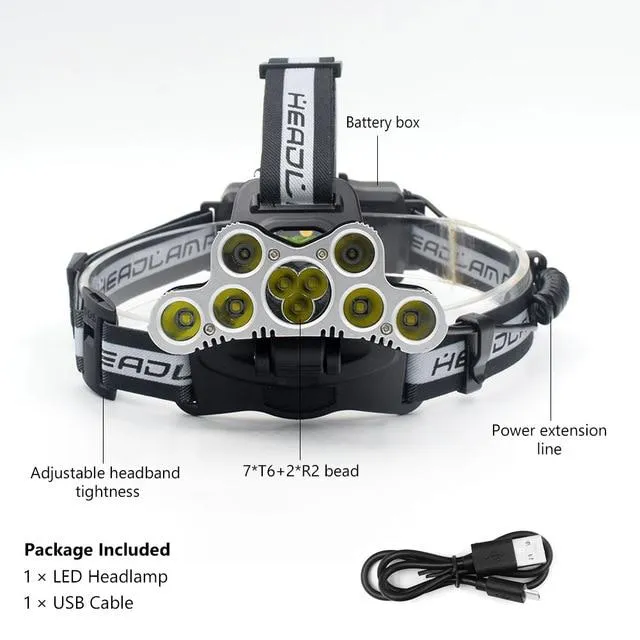 High Power Led Headlamp 3000-6500lm 5/7/9 Led Headlight Cree XML T6 2R2 USB 18650 Battery Head Lamp Lanterns Fishing Light Torch