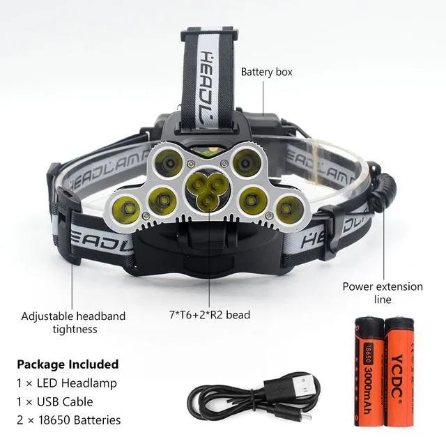 High Power Led Headlamp 3000-6500lm 5/7/9 Led Headlight Cree XML T6 2R2 USB 18650 Battery Head Lamp Lanterns Fishing Light Torch