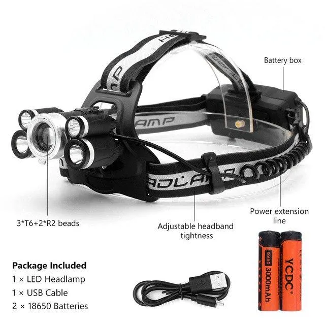 High Power Led Headlamp 3000-6500lm 5/7/9 Led Headlight Cree XML T6 2R2 USB 18650 Battery Head Lamp Lanterns Fishing Light Torch