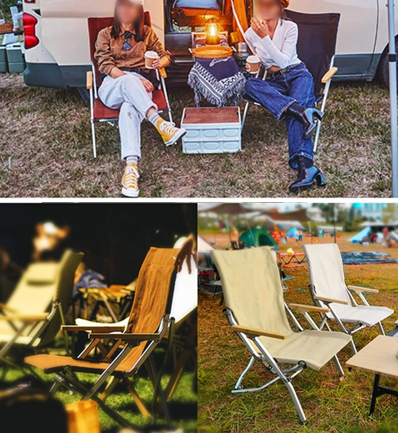Hight Back Foldable Camping Chair Portable Outdoor Folding Chairs with Armrest and Storage Bag,Casual Beach Chair Reclining for Hiking Fishing, Gray, Ivory
