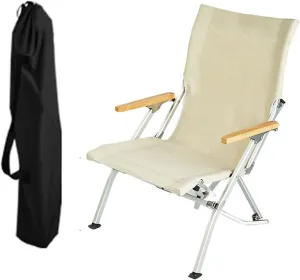 Hight Back Foldable Camping Chair Portable Outdoor Folding Chairs with Armrest and Storage Bag,Casual Beach Chair Reclining for Hiking Fishing, Gray, Ivory