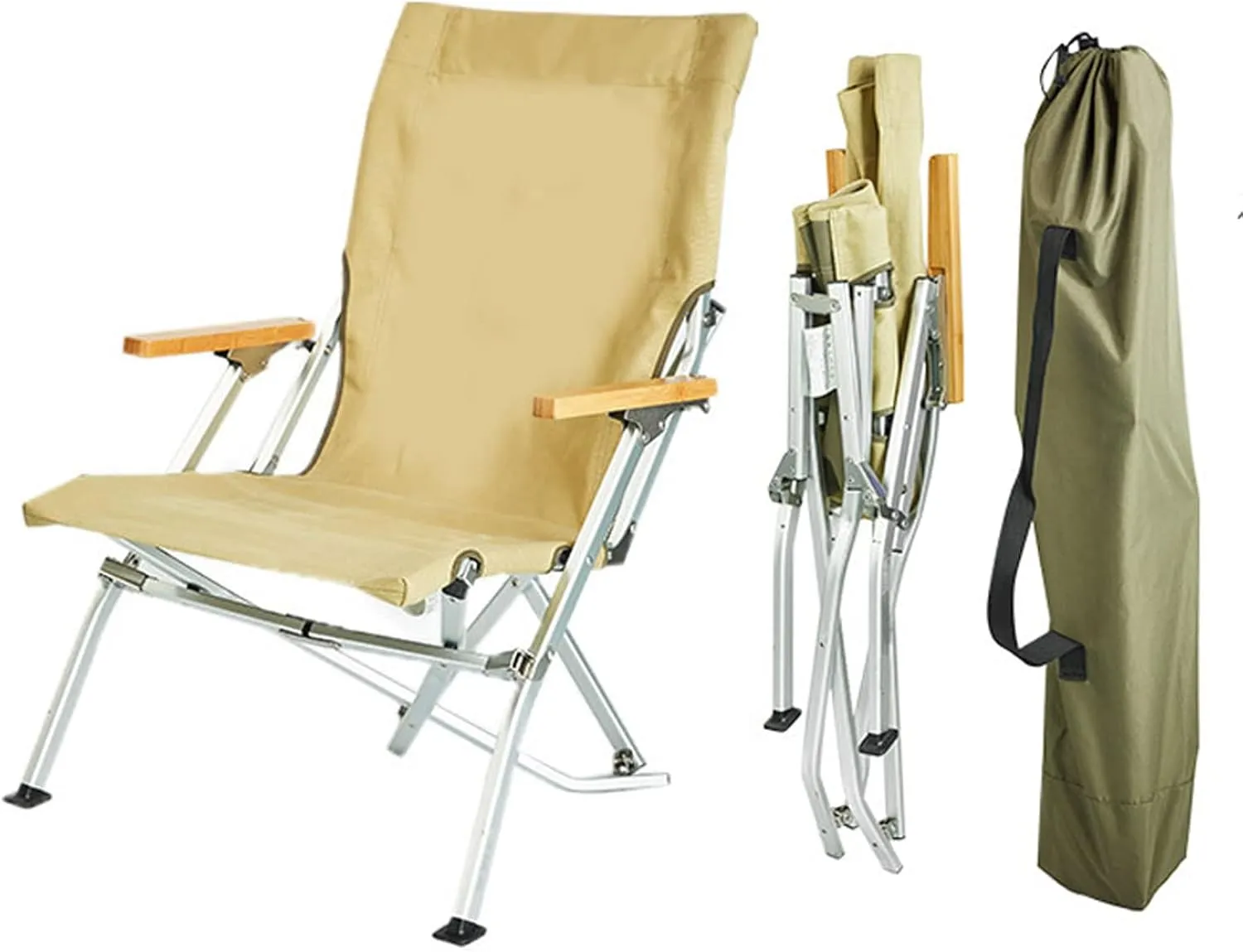 Hight Back Foldable Camping Chair Portable Outdoor Folding Chairs with Armrest and Storage Bag,Casual Beach Chair Reclining for Hiking Fishing, Gray, Ivory