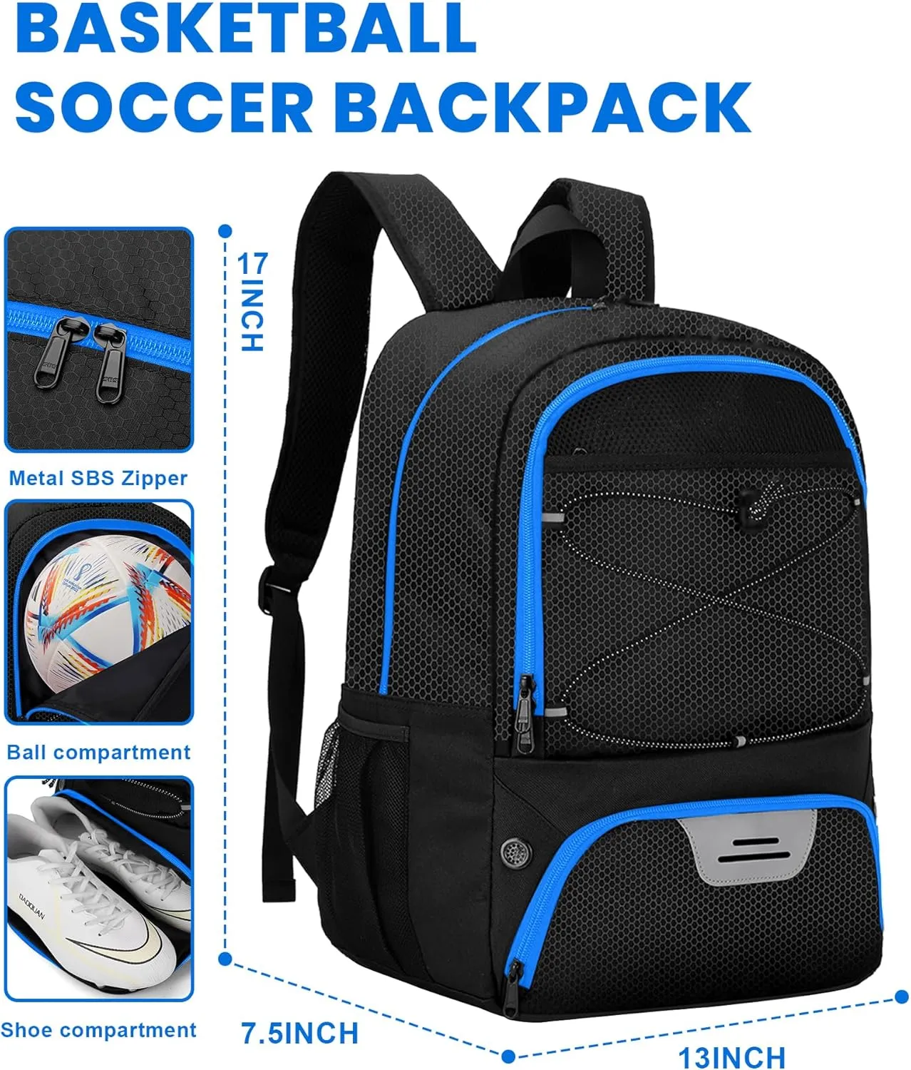 HMLIN Soccer Backpack,Basketball Backpack with Ball Compartment &Shoe Compartment,Sports Bag for Basketball,Soccer,Football& Volleyball