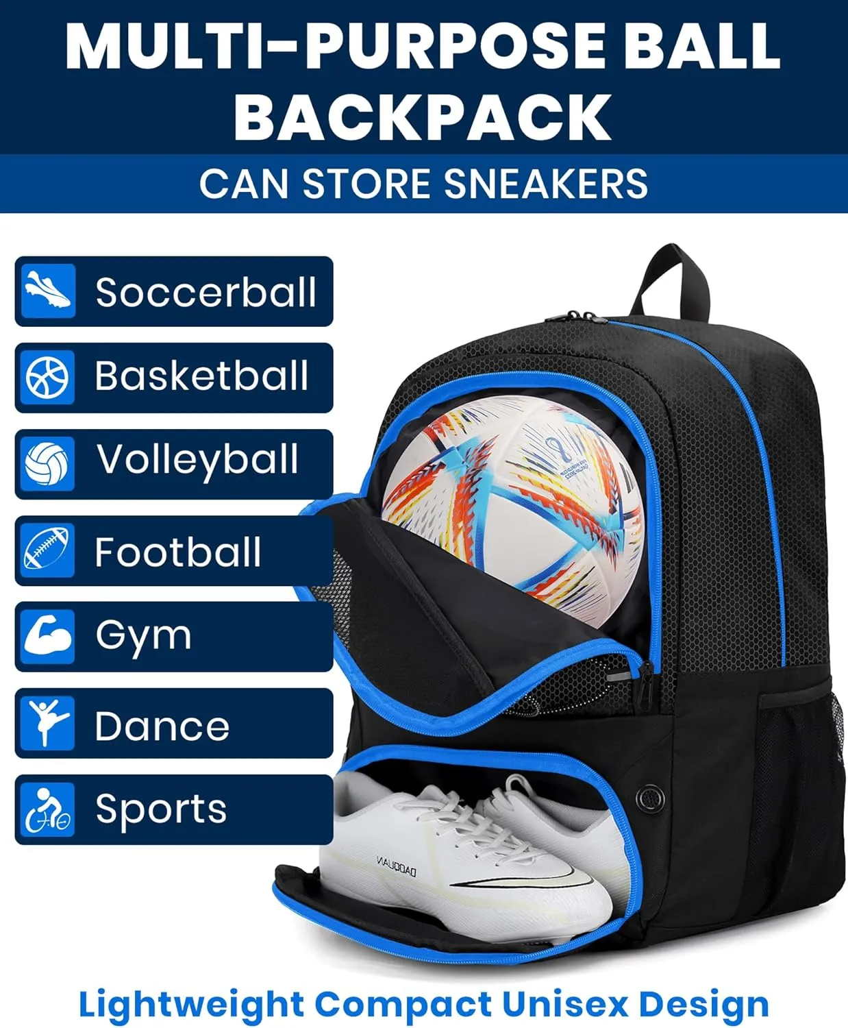 HMLIN Soccer Backpack,Basketball Backpack with Ball Compartment &Shoe Compartment,Sports Bag for Basketball,Soccer,Football& Volleyball