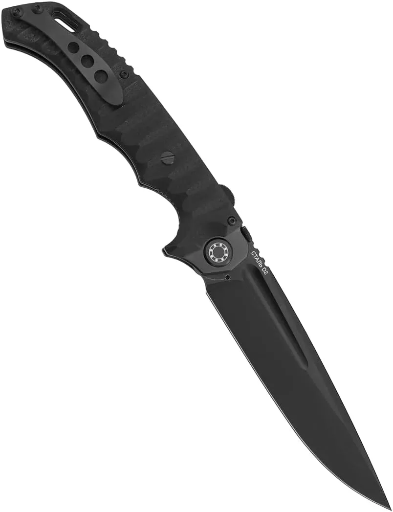 HOKC Cougar | 332-709406 | Pocket Knife with Liner Lock, Ball Bearing Opening, G10 Handle, Ambidextrous Thumb Stud, D2 Stainless Steel Blade, Black Titanium Coated Utility Knife
