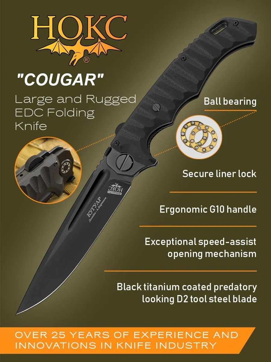 HOKC Cougar | 332-709406 | Pocket Knife with Liner Lock, Ball Bearing Opening, G10 Handle, Ambidextrous Thumb Stud, D2 Stainless Steel Blade, Black Titanium Coated Utility Knife