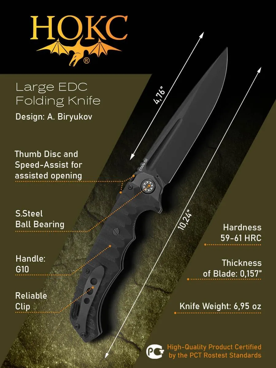 HOKC Cougar | 332-709406 | Pocket Knife with Liner Lock, Ball Bearing Opening, G10 Handle, Ambidextrous Thumb Stud, D2 Stainless Steel Blade, Black Titanium Coated Utility Knife
