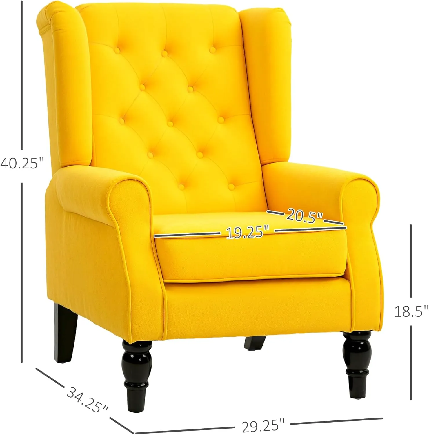 HOMCOM Mid-Century Modern Accent Chair, High Wingback Chair, Button-Tufted Upholstered Fabric Armchair with Retro Wood Legs for Living Room, Bedroom, Yellow