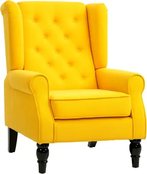 HOMCOM Mid-Century Modern Accent Chair, High Wingback Chair, Button-Tufted Upholstered Fabric Armchair with Retro Wood Legs for Living Room, Bedroom, Yellow