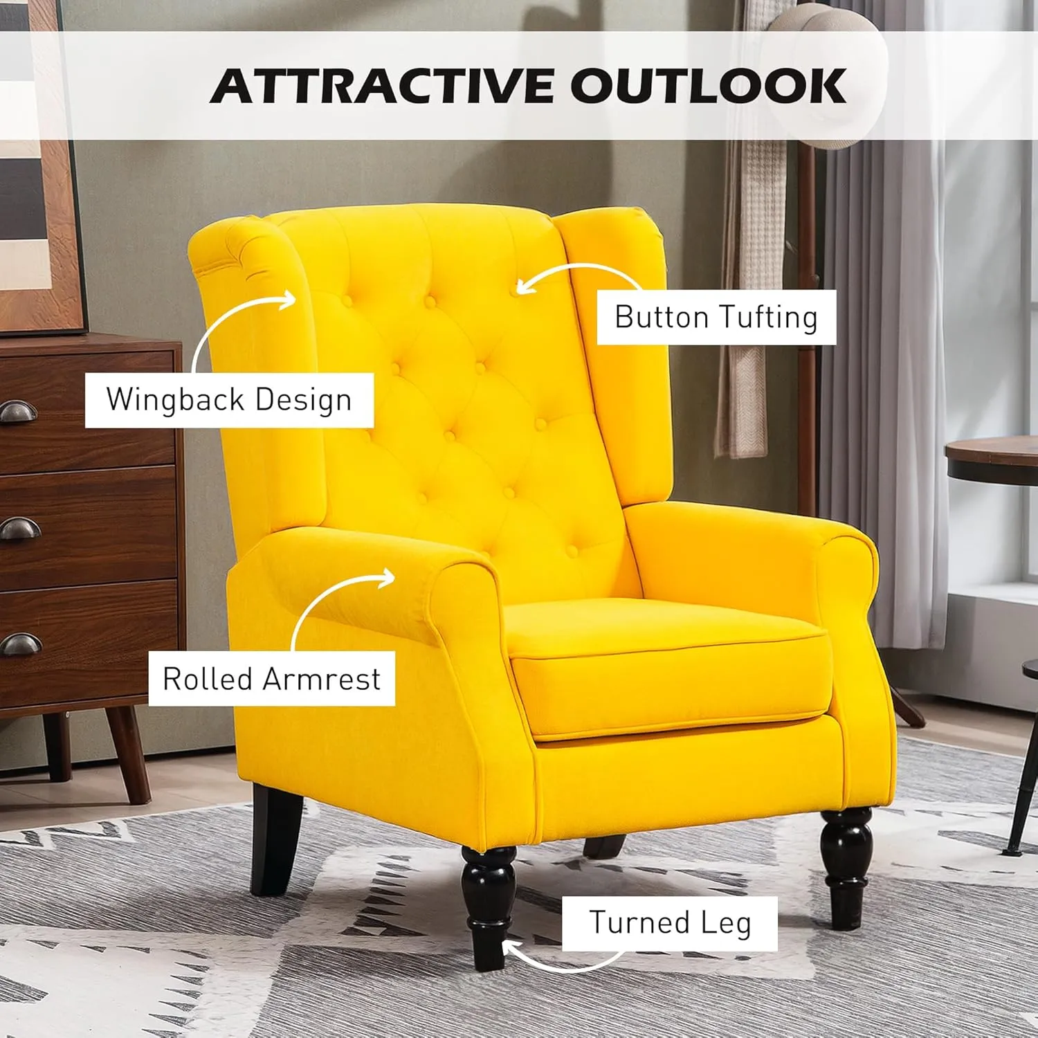 HOMCOM Mid-Century Modern Accent Chair, High Wingback Chair, Button-Tufted Upholstered Fabric Armchair with Retro Wood Legs for Living Room, Bedroom, Yellow