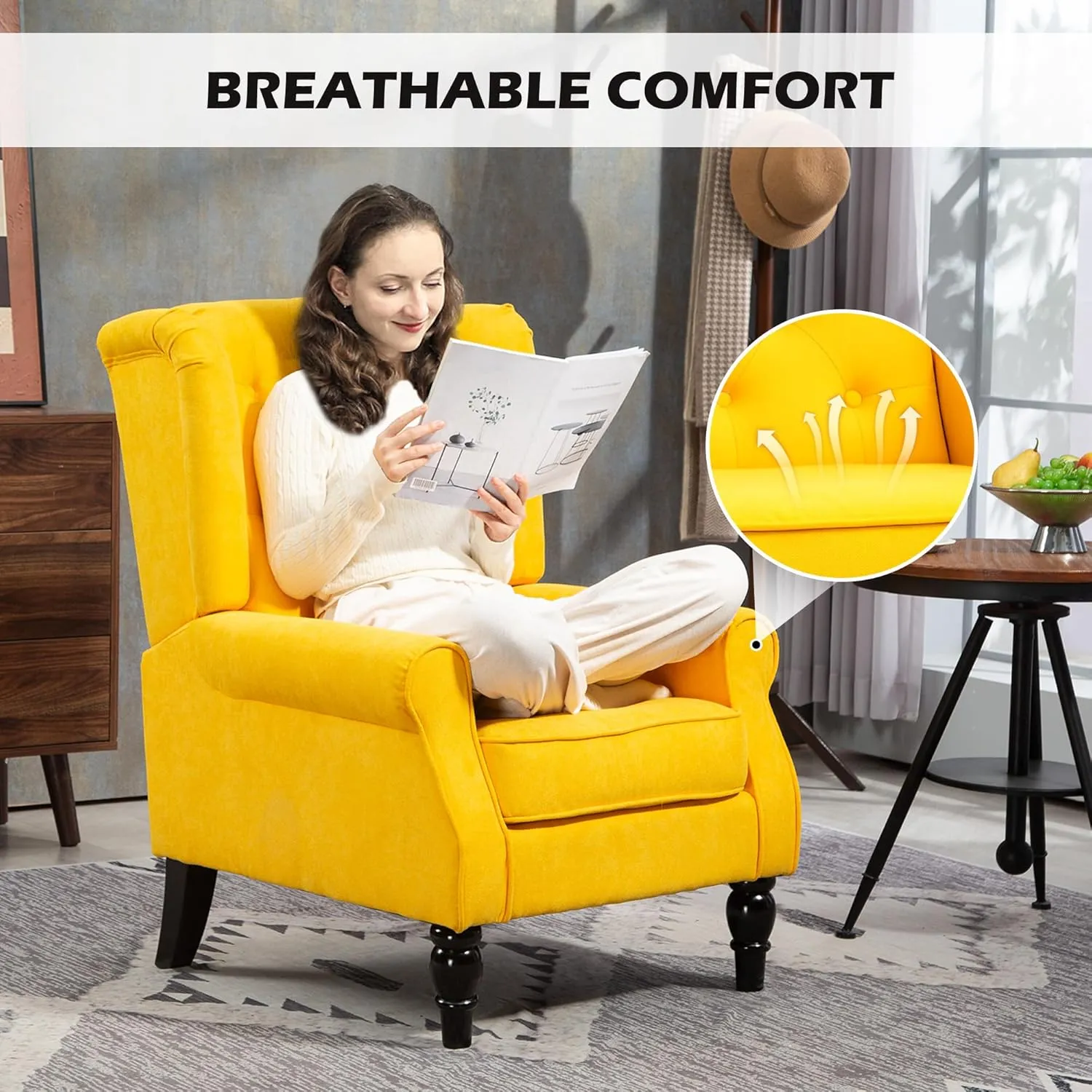 HOMCOM Mid-Century Modern Accent Chair, High Wingback Chair, Button-Tufted Upholstered Fabric Armchair with Retro Wood Legs for Living Room, Bedroom, Yellow