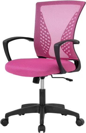 Home Office Chair Mid Back PC Swivel Lumbar Support Adjustable Desk Task Computer Ergonomic Comfortable Mesh Chair with Armrest (Pink)