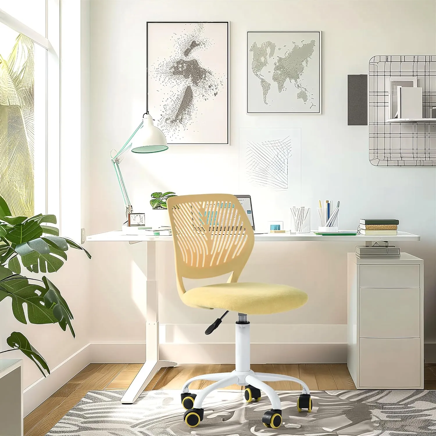 Homy Casa Armless Home Office Desk Chair, Colorful Task Chair with Soft Mesh Padded Cushion, Height Adjustable Swivel Study Computer Chair for for Girls Boys Teens (Yellow, 1PC)
